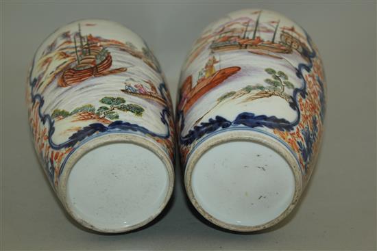 A pair of Chinese export famille rose ovoid vases, late Qianlong period, 21cm, faults